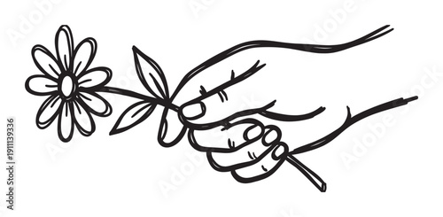 Simple black line drawing of a hand holding a single daisy flower in a minimalist doodle style, representing a gesture of kindness, love, or offering