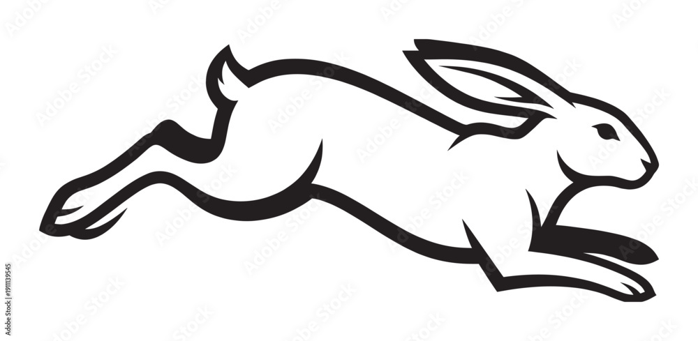 Obraz premium Black and white stylized rabbit illustration running swiftly in a dynamic leaping pose, showcasing speed and agility with bold, clean lines in a simple graphic design style