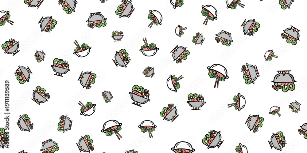 Fototapeta premium Assorted sushi illustrations scattered randomly on a clean white background from a direct overhead viewpoint