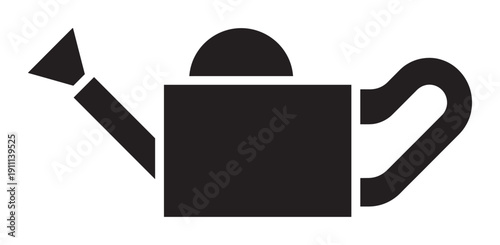 Black watering can icon with a minimalist design featuring a geometric body, a long spout, and a sturdy handle, representing gardening and plant care in a flat vector style