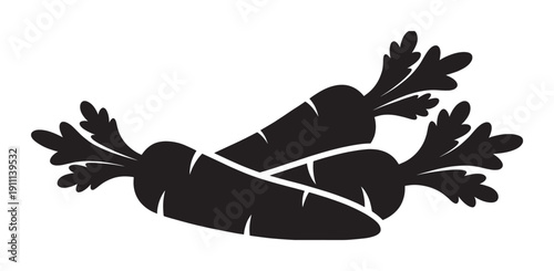 Three black carrot vegetable silhouettes with leafy tops are arranged in a simple, stylized graphic illustration for healthy eating concepts and organic farm logos