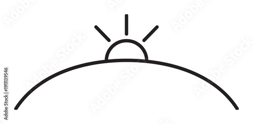 Simple black line icon of a sunrise shows the sun peeking over a curved horizon with rays of light, representing a new day, hope, and the beginning of morning