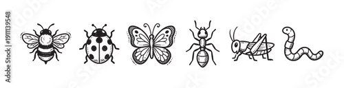 Set of six hand-drawn insect illustrations including a bee, ladybug, butterfly, ant, grasshopper, and worm in a simple black and white doodle sketch style