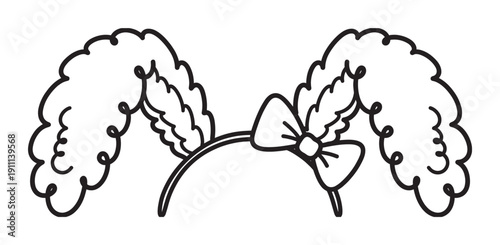 Cartoon headband with curly pigtails and a bow, a simple black and white vector illustration of a fun costume accessory for a clown or a party, drawn in a minimalist outline style