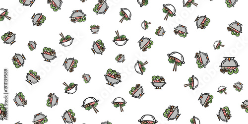 Assorted sushi illustrations scattered randomly on a clean white background from a direct overhead viewpoint