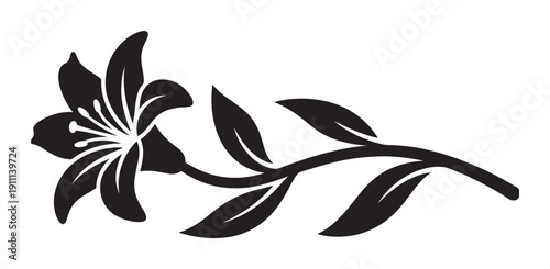 Black silhouette of a lily flower on a stem with leaves, a beautiful and elegant floral design element for decoration, nature-themed art, or a botanical illustration concept