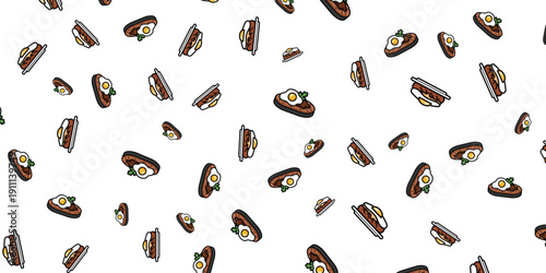 Seamless pattern of mini burgers with fried egg, simple food illustration, ideal for backgrounds