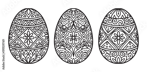 Three black and white decorated Easter eggs with intricate floral and geometric patterns in a hand-drawn line art style, ideal for coloring books and spring holiday designs