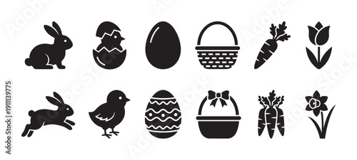 Set of black Easter holiday icons featuring a bunny, chick, decorated egg, basket, carrot, and spring flowers in a simple graphic silhouette style for festive seasonal design