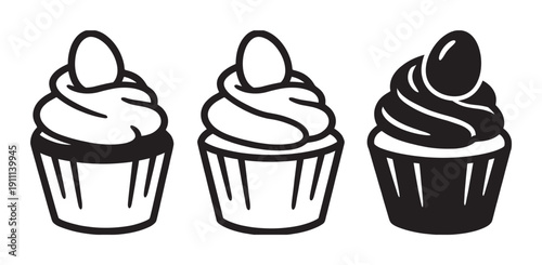Three black and white Easter cupcakes with egg decorations, presented as a set of simple graphic icons in a bold, minimalist line art and silhouette style for holiday designs