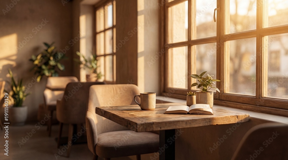 Fototapeta premium Warm sunlight streaming through a window onto a wooden table with a book and coffee mug.