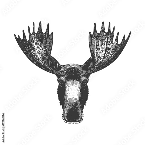 A detailed black and white sketch of a moose head with antlers