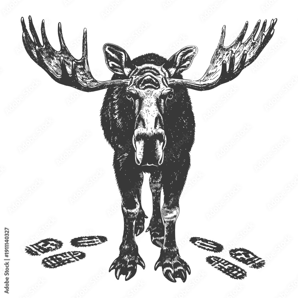 Fototapeta premium A detailed monochrome illustration depicts a majestic moose walking forward