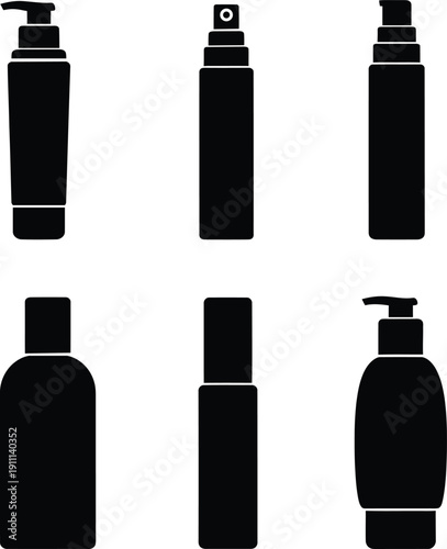 Set of black silhouettes featuring various cosmetic spray bottles pump dispensers and tall containers for beauty product packaging and skincare branding.