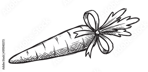 Hand-drawn black and white carrot with a decorative bow tied around its leafy tops, rendered in a rough ink sketch style with cross-hatching details for a rustic look