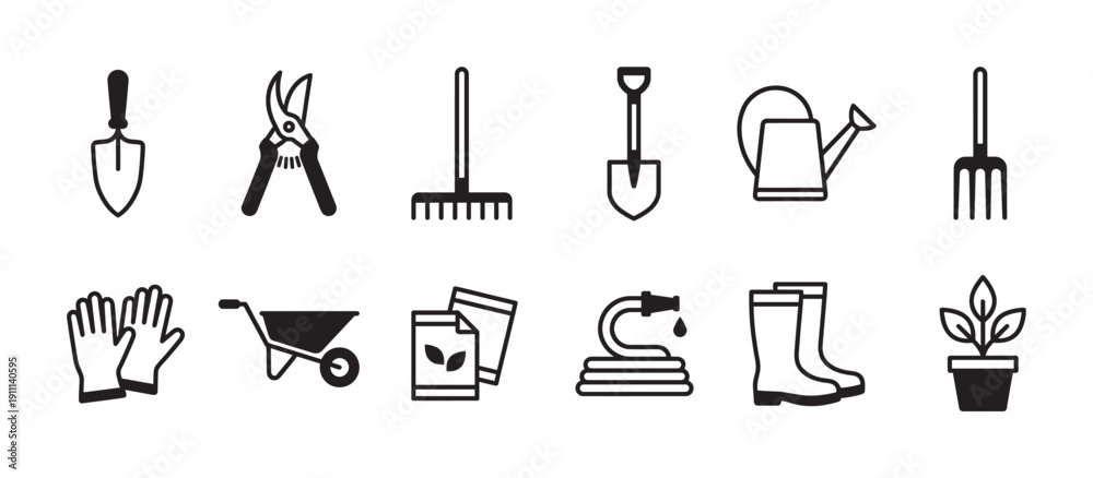 Obraz premium Set of black gardening tool icons including a shovel, rake, watering can, wheelbarrow, and gloves, presented in a simple, clean, and minimalist line art vector style