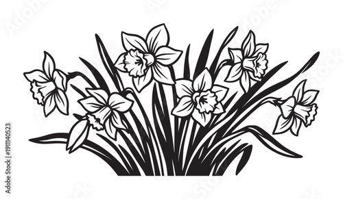 Stylized black vector graphic of daffodil flowers and leaves in a beautiful spring bouquet, depicted with elegant, clean lines in a simple monochrome illustration style