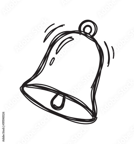 Hand-drawn black and white bell illustration ringing with sound waves in a simple, minimalist doodle style, representing a notification, alert, or alarm concept