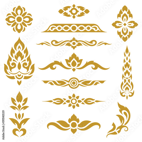 Thai Golden Floral Ornament Elements Set, Traditional Decorative Motifs, Border Dividers, and Vintage Design Flourishes for Luxury Invitations, Packaging, and Branding