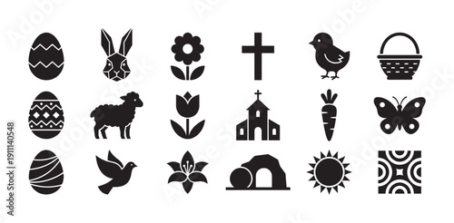 Collection of black Easter holiday icons featuring religious and spring symbols like a cross, church, lamb, bunny, egg, and chick in a simple flat glyph silhouette style