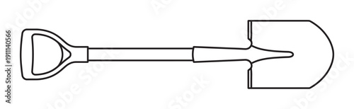 Garden shovel with a D-shaped handle presented as a simple black and white line drawing, a minimalist vector illustration icon for gardening or construction concepts