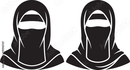 Two Black Silhouette Icons of Muslim Women Wearing Niqab Head Coverings for Cultural and Religious Representation