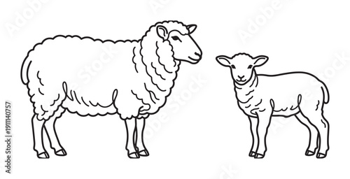 Mother sheep and her small lamb illustrated in a simple black and white line art style, a clean and minimalist graphic representing family, farming, livestock, and gentle nature
