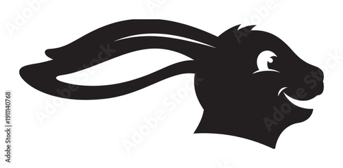 Black rabbit head silhouette icon with a happy smiling face and long ears swept back in a dynamic, stylized graphic design illustration showing speed and energy