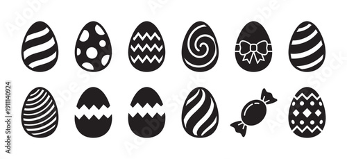 Black Easter egg icons and a candy silhouette set with various decorative patterns like stripes, dots, zigzags, and swirls for a festive spring holiday celebration