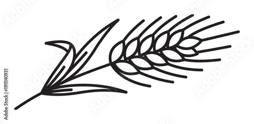 Single black line art ear of wheat illustration with a minimalist graphic style, representing agriculture, harvest, and natural organic food ingredients for baking or brewing