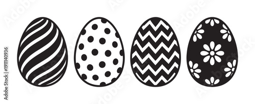 Four black and white decorated Easter eggs with various graphic patterns like stripes, polka dots, zigzags, and flowers, presented as a simple icon set for spring holiday design