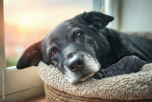 Senior dog resting on an orthopedic bed, sunlight hitting its face, peaceful and dignified
