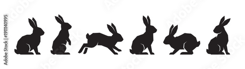 Set of six black rabbit silhouettes in various poses including sitting, standing, and jumping, presented as a graphic collection of animal icons for design elements