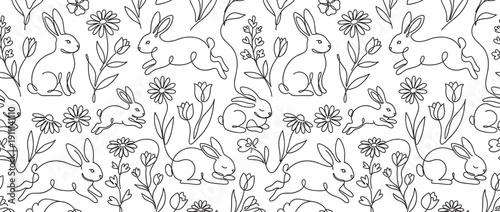 Seamless black and white one line pattern with cute Easter bunnies and spring flowers like tulips and daisies, a minimalist hand-drawn illustration for textile or wallpaper design