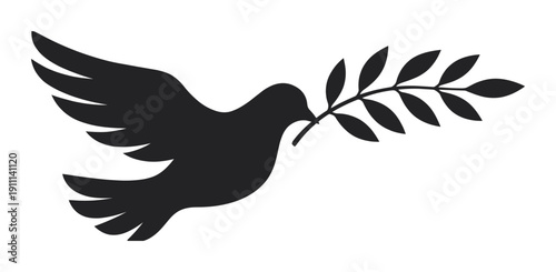 Black silhouette of a flying dove holding an olive branch in its beak, representing a universal symbol of peace, hope, freedom, and spirituality in a clean graphic style