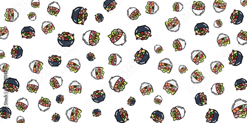 A vibrant and playful collection of colorful fruit bowls scattered across a white background