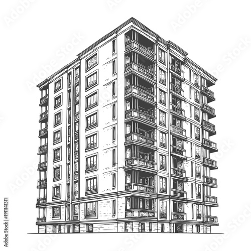 A detailed architectural illustration of a tall residential building complex