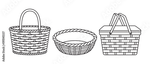 Set of three empty wicker basket outlines in a simple black and white line art style, including a picnic hamper and a round container with a handle