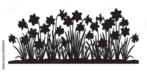 Black silhouette of daffodil flowers and leaves creating a decorative floral border, a simple graphic vector illustration of a spring garden or meadow scene