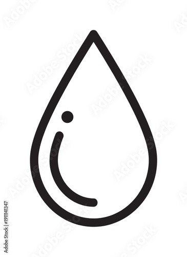 Black line art water drop icon with a simple reflection detail inside, rendered in a minimalist graphic style for concepts of purity, nature, and liquid substances