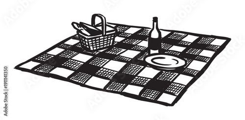 Picnic scene illustration in a graphic, hand-drawn sketch style showing a checkered blanket with a wicker basket, wine bottle, and a single plate for an outdoor meal