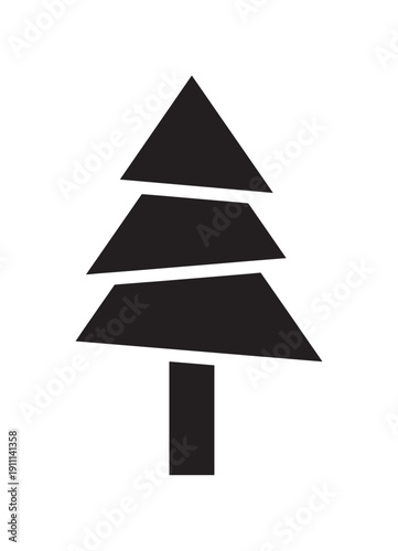 Black stylized pine tree icon with a simple geometric design, featuring three triangular tiers and a rectangular trunk, representing nature and the outdoors in a minimalist style