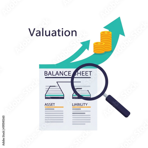 Magnifying glass over balance sheet isolated on transparent background.
