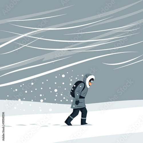 Person Braving Harsh Winter Storm With Snow And Strong Winds Blowing