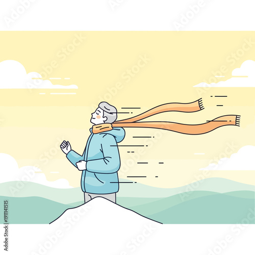 Person Braving Cold Wind With Scarf Streaming In A Stylized Landscape