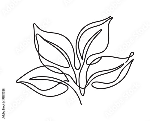 Continuous one line drawing of botanical leaves on a small branch, an elegant and minimalist illustration representing nature, growth, and simplicity