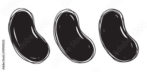 Three black hand-drawn jelly beans with a rough, sketchy outline style create a minimalist and graphic monochrome illustration for sweet food or candy concepts