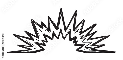 Hand-drawn black ink explosion illustration with sharp, jagged edges in a rough doodle style, creating a dynamic symbol of power, energy, and impact