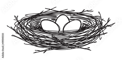 Bird's nest with three eggs hand-drawn in a simple black and white doodle style, featuring expressive scribbled lines that create a charming and rustic illustration of new life