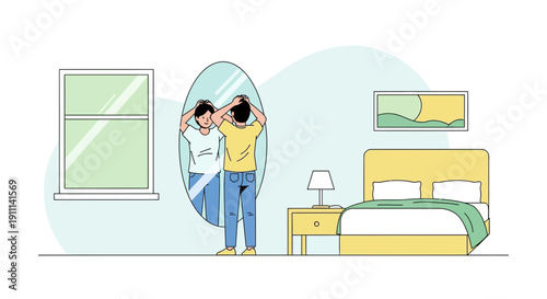 Person Checking Appearance In Bedroom Mirror Reflection Confidence